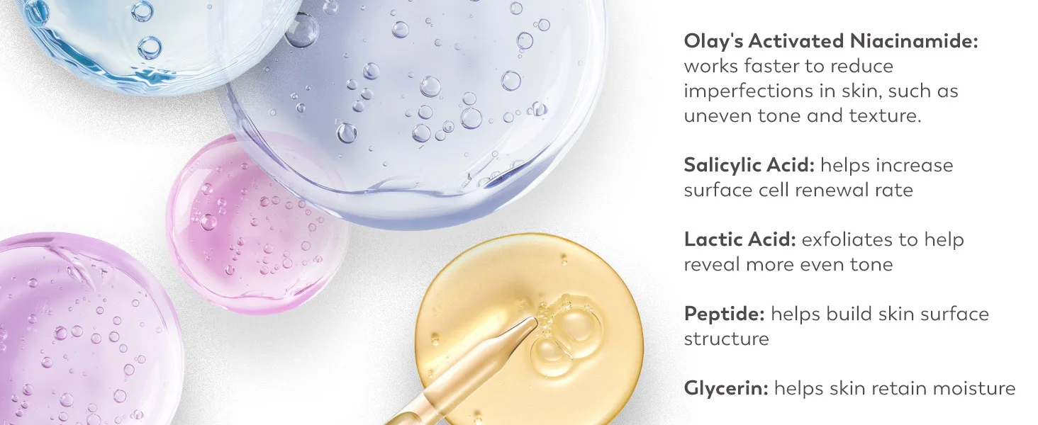 Activated Niacinamide for uneven tone, salicylic acid, lactic acid, peptide, glycerin
